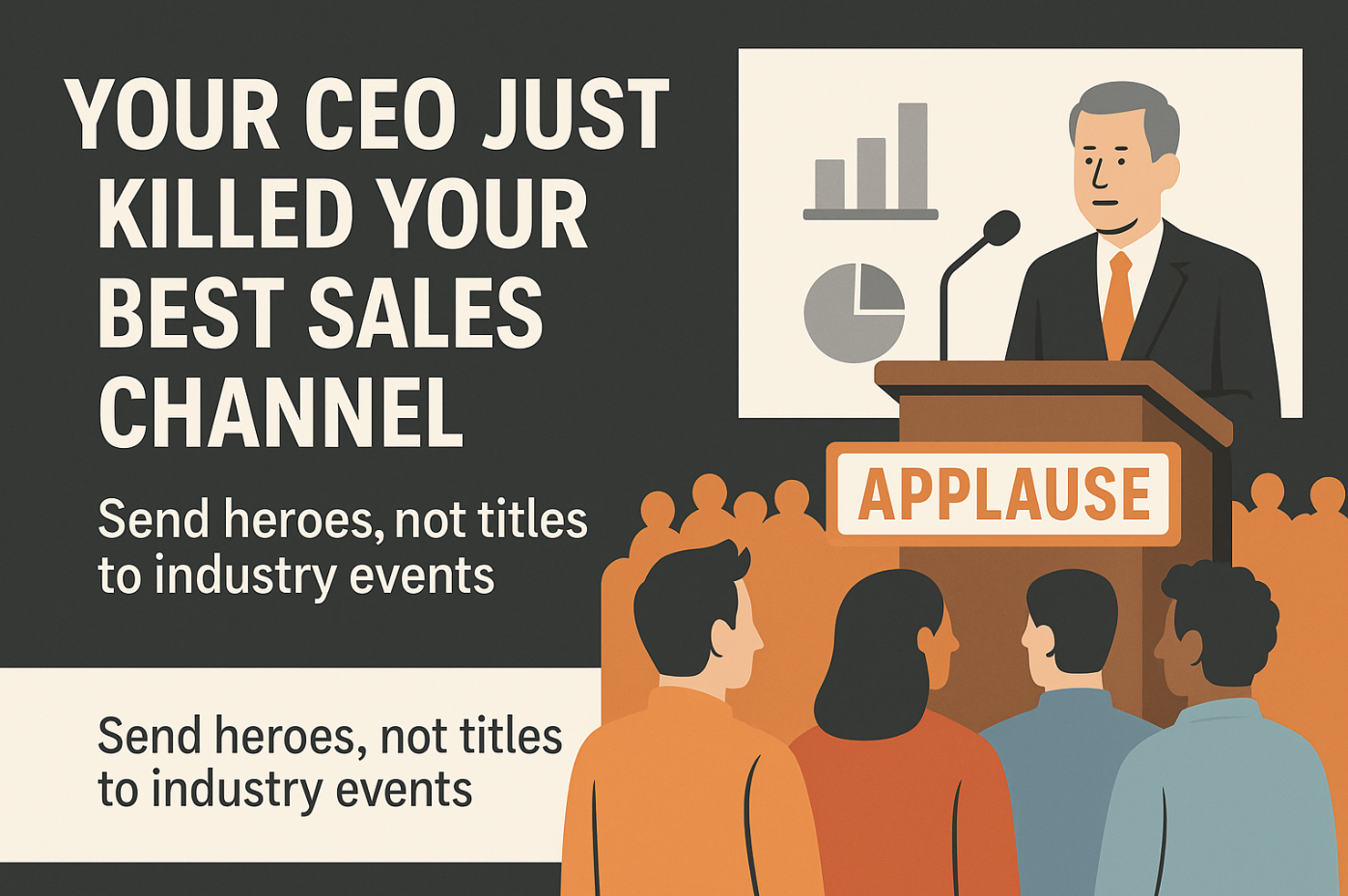 Animated Blog header image of a CEO giving a speech to onlookers with text saying your boss just killed your best sales channel